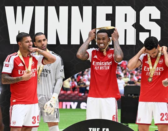 CARDIFF, WALES - AUGUST 16: Gabriel Magalhaes of Arsenal celebrates after the 2026 FA Community Shield match between Arsenal and Manchester City at Principality Stadium on August 16, 2026 in Cardiff, Wales.  Copyright: xMBxMediax