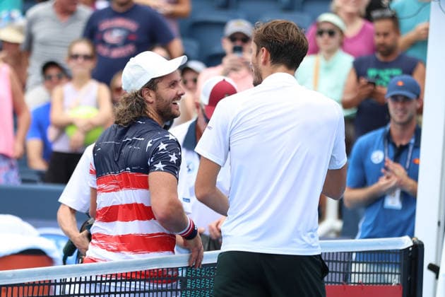 MASON, OHIO - AUGUST 16: Marco Trungelliti of Argentina speaks with Daniil Medvedev of Russia during day six of the Cincinnati Open at the Lindner Family Tennis Center on August 16, 2026 in Mason, Ohio.  Copyright: xShainaxBenhiyoun SPPx Sportspressphoto_SPR208924