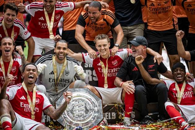 RECORD DATE NOT STATED 16th August 2026; Millennium Stadium, Cardiff, Wales; Community Shield Football, Arsenal versus Manchester City; Arsenal celebrate winning the Community Shield after beating Manchester City 3-0 GodfreyxPitt