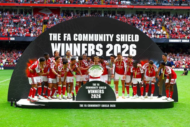 Arsenal v Manchester City, FA Community Shield Arsenal players celebrate winning the Community Shield during the FA Community Shield match between Arsenal and Manchester City at Principality Stadium, Cardiff, UK on 16 August 2026. Editorial use only DataCo restrictions apply See www.football-dataco.com , Copyright: xNigelxKeenex PSI-24687-0072