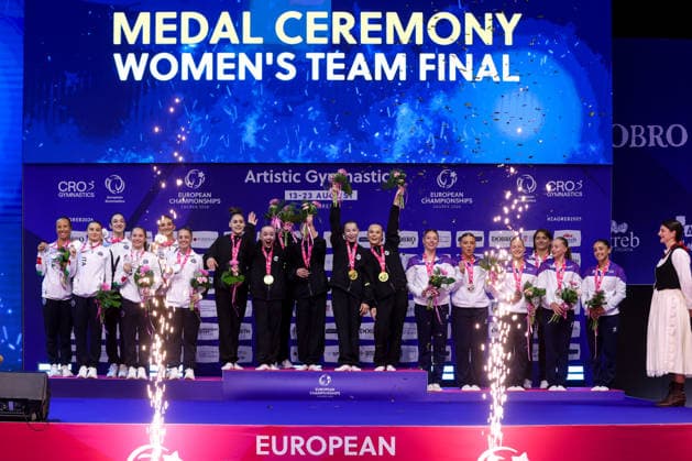 36th European Championships and 15th European Junior Championships in WomenÂ s Artistic Gymnastics - Finals Silver medalist Team Italy, gold medalist Team Russia and bronze medalist Team France pose on the podium during the medal ceremony for the Senior Women™s Team Final during day 4 of the 2026 Women s Artistic Gymnastics European Championships at Arena Zagreb on August 16, 2026 in Zagreb, Croatia.  IgorxKralj PIXSELL