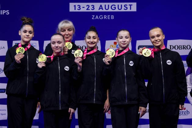 36th European Championships and 15th European Junior Championships in WomenÂ s Artistic Gymnastics - Finals Gold medalist Liudmila Roshchina, Anna Kalmykova, Angelina Melnikova, Alena Glotova and Elizaveta Us of Team Russia pose on the podium during the medal ceremony for the Senior Women™s Team Final during day 4 of the 2026 Women s Artistic Gymnastics European Championships at Arena Zagreb on August 16, 2026 in Zagreb, Croatia.  IgorxKralj PIXSELL