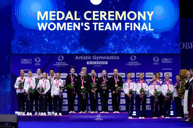 36th European Championships and 15th European Junior Championships in WomenÂ s Artistic Gymnastics - Finals Silver medalist Team Italy, gold medalist Team Russia and bronze medalist Team France pose on the podium during the medal ceremony for the Senior Women™s Team Final during day 4 of the 2026 Women s Artistic Gymnastics European Championships at Arena Zagreb on August 16, 2026 in Zagreb, Croatia.  IgorxKralj PIXSELL