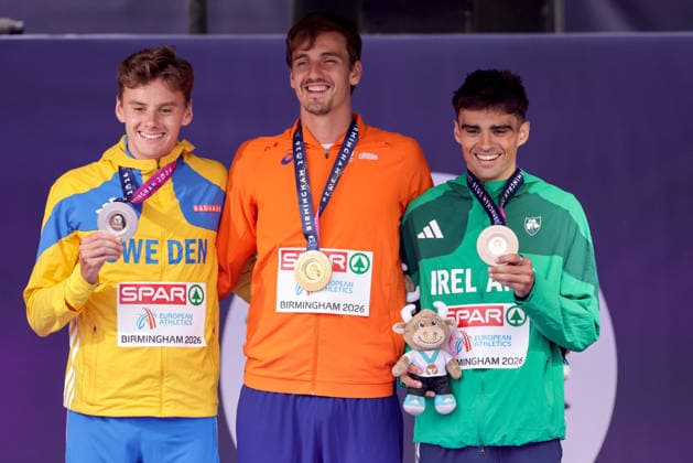 2026 European Athletics Championships, Alexander Stadium, Birmingham, England 16 8 2026 Men™s 1500m Medal Ceremony Ireland™s Andrew Coscoran celebrates with fellow medalists Samuel Pihlström of Sweden and Stefan Nillessen of the Netherlands Andrew Coscoran celebrates with fellow medalists Samuel Pihlström and Stefan Nillessen 16 8 2026  Copyright: xx 0U6A8616