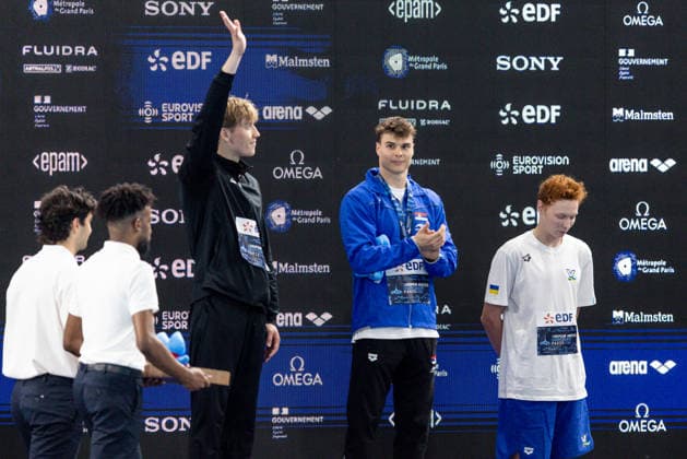 RECORD DATE NOT STATED 16th August 2026; Olympic Aquatic Centre, Paris, France; 2026 European Aquatics Championships, Final Day; Egor Kornev (NAB), Andrej Barna (SRB), Nikita Sheremet (UKR) FotoxOlimpik