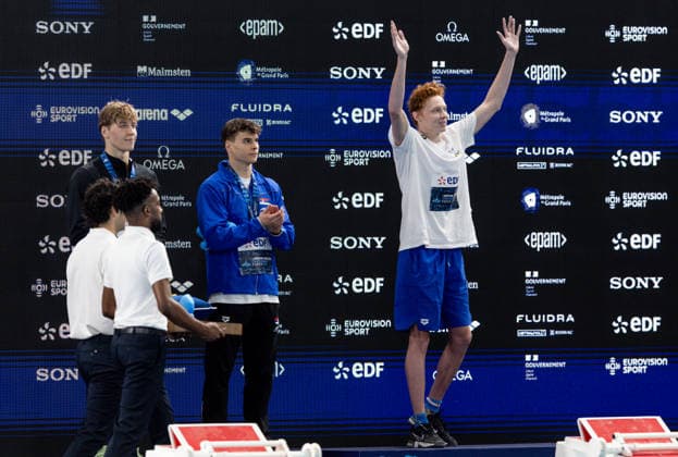 RECORD DATE NOT STATED 16th August 2026; Olympic Aquatic Centre, Paris, France; 2026 European Aquatics Championships, Final Day; Egor Kornev (NAB), Andrej Barna (SRB), Nikita Sheremet (UKR) FotoxOlimpik