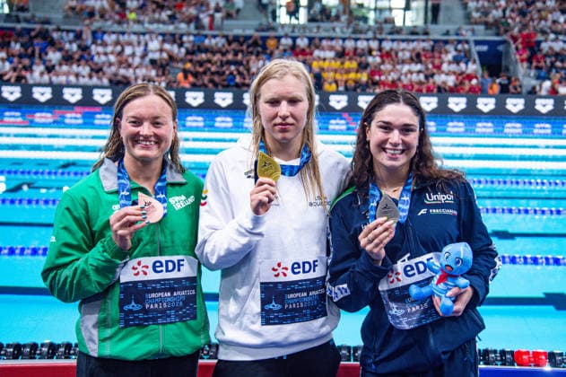 NATATION : Championnat d europe de natation 2026 - PARIS - 16 08 2026 Ruta Meilutype (LTU) Benedetta Pilato (ITA) Mona McSharry (IRL) Saint DenisFrance  Copyright: xBaptistexAutissierx