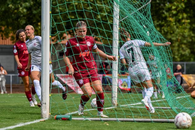 16.08.2026, Fußball, Play-offs DFB-Pokal Frauen 2026 2027, Fortuna Köln - SG 99 Andernach Die Torschützinnen Isabel Pfeiffer (21 Andernach) und Carolin Schraa (7 Andernach). *** August 16, 2026, Soccer, 2026–2027 DFB Women s Cup Playoffs, Fortuna Köln vs. SG 99 Andernach. Goal scorers: Isabel Pfeiffer (No. 21, Andernach) and Carolin Schraa (No. 7, Andernach)