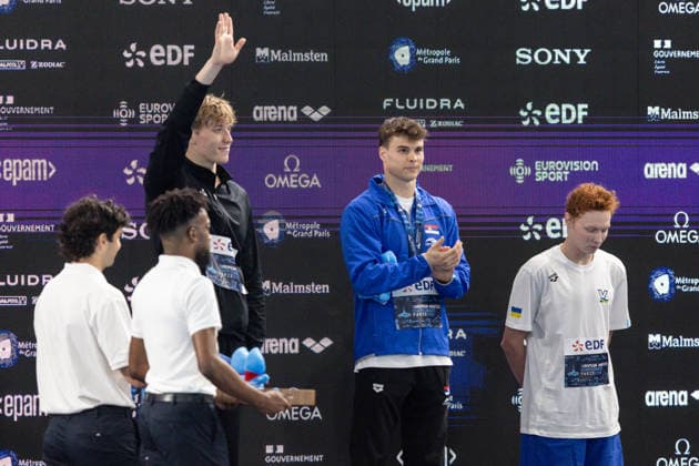 European Aquatics Championships Swimming Day 7 Egor Kornev, Andrej Barna, Nikita Sheremet during European Aquatics Championships Swimming Day 7 in Paris, France, on August 16, 2026 Paris France  Copyright: xFotoxOlimpikx originalFilename:jastrzebowski-european260816_np3Cu.jpg
