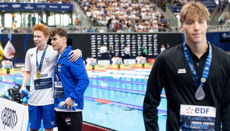 European Aquatics Championships Swimming Day 7 Nikita Sheremet, Andrej Barna, Egor Kornev during European Aquatics Championships Swimming Day 7 in Paris, France, on August 16, 2026 Paris France  Copyright: xFotoxOlimpikx originalFilename:jastrzebowski-european260816_npkDd.jpg