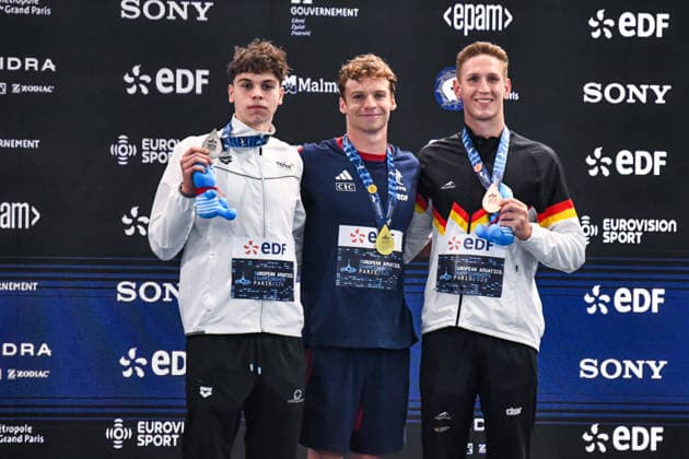 Sport Bilder des Tages NATATION : Championnat d europe de natation 2026 - PARIS - 16 08 2026 Leon Marchand (FRA) Olivier Papai (HUN) Lukas Martens (BEL) Saint DenisFrance  Copyright: xBaptistexAutissierx