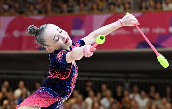 16.08.2026, xhbx, Rhythmische Sportgymnastik Weltmeisterschaft 2026, v.l. Stiliana Nikolova (Bulgarien) Keulen Frankfurt am Main *** August 16, 2026, xhbx, 2026 Rhythmic Gymnastics World Championships, from left: Stiliana Nikolova (Bulgaria), Cologne, Frankfurt am Main
