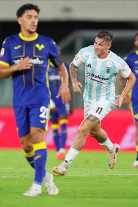 Entella s Bernat Guiu Vilanova celebrates after scoring 0-1 during Frecciarossa Italian Cup 2026 2027 soccer match between Hellas Verona and Entella at the Bentegodi Stadium in Verona, north Italy - Sunday August 16, 2026. - Soccer .  Copyright: xSpada LaPressex