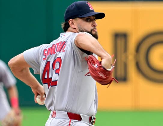 Boston Red Sox pitcher Patrick Sandoval (43) throws in the first inning against the Pittsburgh Pirates at PNC Park on Sunday, Aug. 16, 2026 in Pittsburgh.  PIT2026081605 ArchiexCarpenter