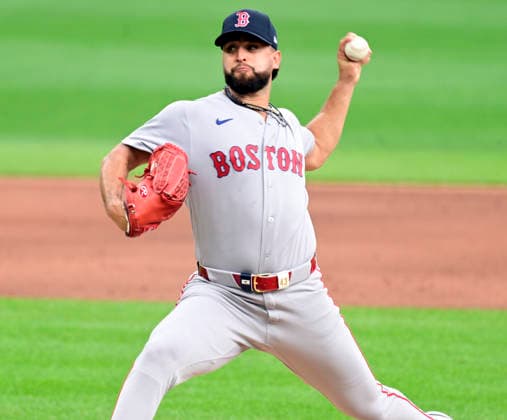 Boston Red Sox pitcher Patrick Sandoval (43) starts against the Pittsburgh Pirates and gives up two runs at PNC Park on Sunday, Aug. 16, 2026 in Pittsburgh.  PIT2026081606 ArchiexCarpenter