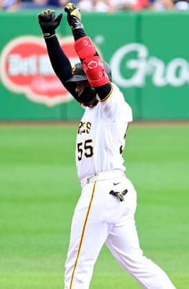 Pittsburgh Pirates right fielder Esmerlyn Valdez (55) celebrates his double in the first inning against the Boston Red Sox at PNC Park on Sunday, Aug. 16, 2026 in Pittsburgh.  PIT2026081607 ArchiexCarpenter