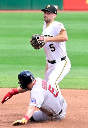 Pittsburgh Pirates second baseman Brandon Lowe (5) makes the force out on Boston Red Sox third baseman Caleb Durbin (5) and throws to first base to complete the double play in the second inning at PNC Park on Sunday, Aug. 16, 2026 in Pittsburgh.  PIT2026081614 ArchiexCarpenter