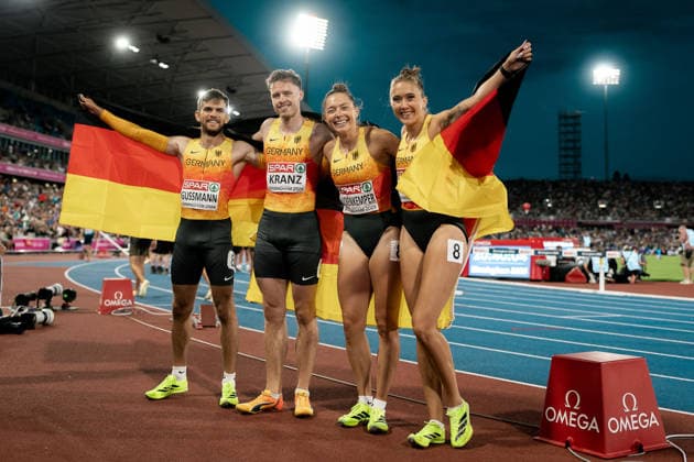 Rebekka Haase (Sprintteam Wetzlar, 4x100m Mixed Staffel), Kevin Kranz (Sprintteam Wetzlar, 4x100m Mixed Staffel), Gina Lueckenkemper (SCC Berlin, 4x100m Mixed Staffel), Heiko Gussmann (Sprintteam Wetzlar, 4x100m Mixed Staffel), GBR, Leichtathletik, Athletics, European Athletics Championships 2026, Leichtathletik Europameisterschaft 2026, Birmingham 2026, 09.08.2026, GBR, Leichtathletik, Athletics, European Athletics Championships 2026, Leichtathletik Europameisterschaft 2026, Birmingham 2026, 09.08.2026 Birmingham *** Rebekka Haase, Sprintteam Wetzlar, 4x100m mixed relay; Kevin Kranz, Sprintteam Wetzlar, 4x100m mixed relay; Gina Lueckenkemper, SCC Berlin, 4x100m Mixed Relay, Heiko Gussmann, Sprintteam Wetzlar, 4x100m Mixed Relay, GBR, Track and Field, Athletics, 2026 European Athletics Championships, 2026 European Track and Field Championships, Birmingham 2026, August 9, 2026, GBR, Track and Field, Athletics, 2026 European Athletics Championships, 2026 European Track and Field Championships, Birmingham 2026, August 9, 2026, Birmingham Copyright: xStefanxMayerx EP_SMR