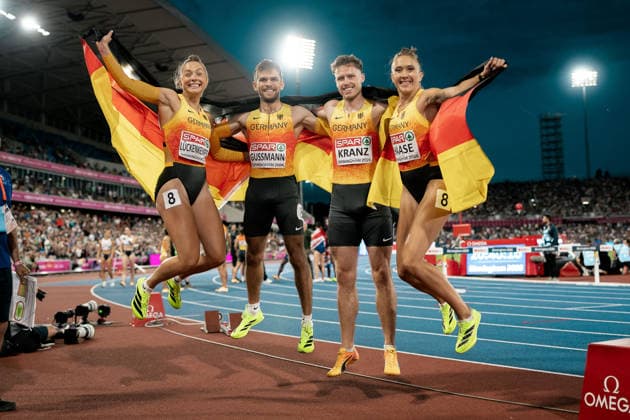 Rebekka Haase (Sprintteam Wetzlar, 4x100m Mixed Staffel), Kevin Kranz (Sprintteam Wetzlar, 4x100m Mixed Staffel), Gina Lueckenkemper (SCC Berlin, 4x100m Mixed Staffel), Heiko Gussmann (Sprintteam Wetzlar, 4x100m Mixed Staffel), GBR, Leichtathletik, Athletics, European Athletics Championships 2026, Leichtathletik Europameisterschaft 2026, Birmingham 2026, 09.08.2026, GBR, Leichtathletik, Athletics, European Athletics Championships 2026, Leichtathletik Europameisterschaft 2026, Birmingham 2026, 09.08.2026 Birmingham *** Rebekka Haase, Sprintteam Wetzlar, 4x100m mixed relay; Kevin Kranz, Sprintteam Wetzlar, 4x100m mixed relay; Gina Lueckenkemper, SCC Berlin, 4x100m Mixed Relay, Heiko Gussmann, Sprintteam Wetzlar, 4x100m Mixed Relay, GBR, Track and Field, Athletics, 2026 European Athletics Championships, 2026 European Track and Field Championships, Birmingham 2026, August 9, 2026, GBR, Track and Field, Athletics, 2026 European Athletics Championships, 2026 European Track and Field Championships, Birmingham 2026, August 9, 2026, Birmingham Copyright: xStefanxMayerx EP_SMR