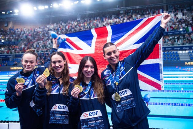 NATATION : Championnat d europe de natation 2026 - PARIS - 16 08 2026 Lauren Cox (GBR) Angharad Evans (GBR) Keanna Macinnes (GBR) Freya Colbert (GBR) Saint DenisFrance  Copyright: xBaptistexAutissierx