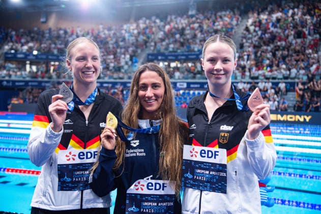 NATATION : Championnat d europe de natation 2026 - PARIS - 16 08 2026 Simona Quadarella (ITA) Maya Werner (GER) Isabel Gose (GER) Saint DenisFrance  Copyright: xBaptistexAutissierx