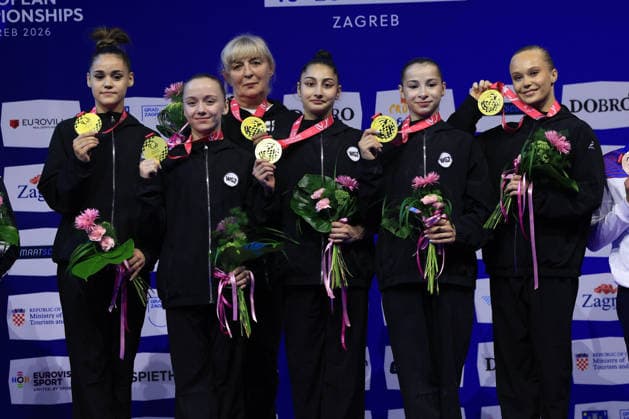 Zagreb, 16.08.2026. - 36TH EUROPEAN WOMEN™S ARTISTIC GYMNASTICS CHAMPIONSHIPS Women s Artistic Gymnastics, Team Final, SENIORS GOLD WG2 World Gymnastics 2 GLOTOVA Alena MELNIKOVA Angelina KALMYKOVA Anna ROSHCHINA Liudmila US Elizaveta Women s Artistic Gymnastics, Team Final, SENIORS  2S6A7427.JPG