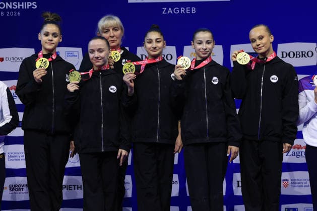 Zagreb, 16.08.2026. - 36TH EUROPEAN WOMEN™S ARTISTIC GYMNASTICS CHAMPIONSHIPS Women s Artistic Gymnastics, Team Final, SENIORS GOLD WG2 World Gymnastics 2 GLOTOVA Alena MELNIKOVA Angelina KALMYKOVA Anna ROSHCHINA Liudmila US Elizaveta Women s Artistic Gymnastics, Team Final, SENIORS  2S6A7402.JPG