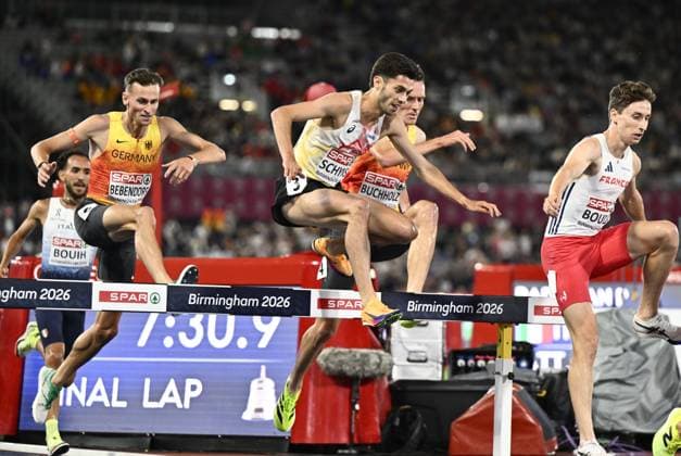 Belgian Remi Schyns (C) pictured in action during the men s 3000m steeplechase, at on the seventh and last day of the European Athletics Championships (August 10-18) in Birmingham, United Kingdom, on Sunday 16 August 2026. ERICxLALMAND  x183558954x