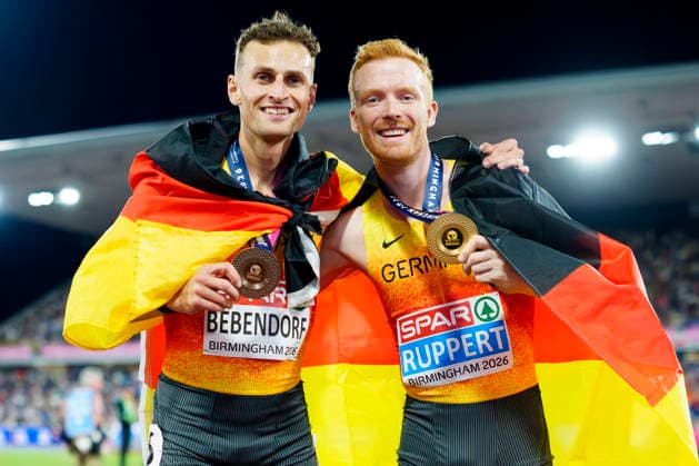 BIRMINGHAM, GREAT BRITAIN - AUGUST 16, 2026 : European champion over 3000m steeplechase: Frederik RUPPERT (GER Germany) and third place for Karl BEBENDORF (GER Germany) during the European Athletics Championships at Alexander Stadium on August 16, 2026 in Birmingham, Great Britain. Great Britain Copyright: xLeahxKohringx
