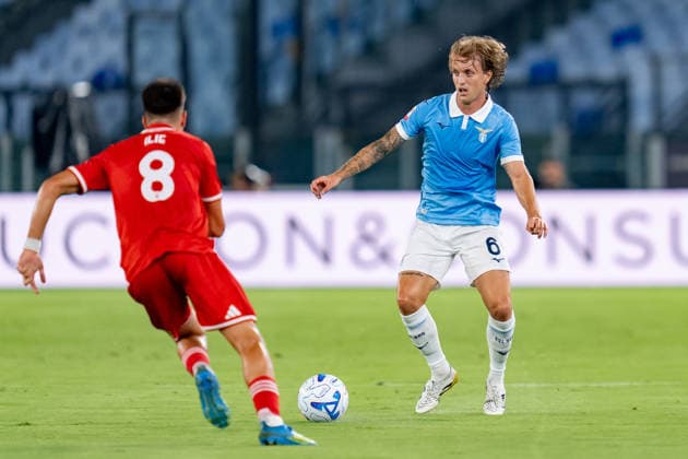 SS Lazio v Mantova 1911 - Coppa Italia Nicolo Rovella of SS Lazio and Rares Andrei Ilie of Mantova 1911 compete for the ball during the serie Coppa Italia match between SS Lazio and Mantova 1911 at Stadio Olimpico on August 16, 2026 in Rome, Italy Rome Olympic Stadium Lazio Italy Copyright: xGiuseppexMaffiax 260816CoppaItalia_Lazio-Mantova_GM_02792