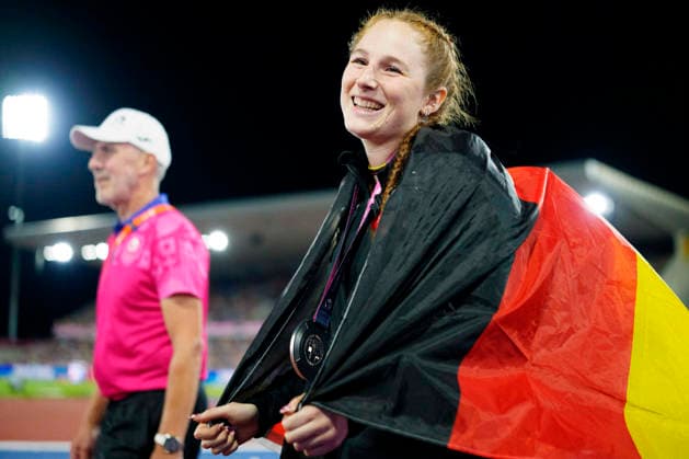 BIRMINGHAM, GREAT BRITAIN - AUGUST 16, 2026 : Silver in the in the javelin throw for Julia ULBRICHT (GER Germany) during the European Athletics Championships at Alexander Stadium on August 16, 2026 in Birmingham, Great Britain. Great Britain Copyright: xLeahxKohringx