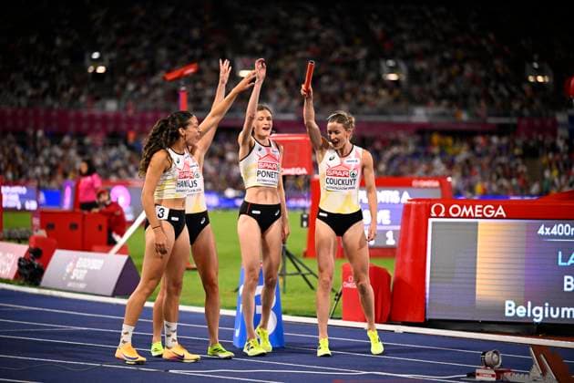 European Athletics Championships Birmingham 2026 - day 7 BIRMINGHAM, ENGLAND - AUGUST 16 : the Belgian Cheetahs - Couckuyt Paulien (BEL), Ponette Helena (BEL), Laus Camille (BEL) and Hanssens Ilana (BEL) in action during the 4x400m final in action during the 4x400m final in action during the 1500m final on day 7 of the Birmingham 2026 European Athletics Championships on August 16, 2026 in Birmingham, England, 16 08 2026 Birmingham ENGLAND  Copyright: xTomasxSiskx