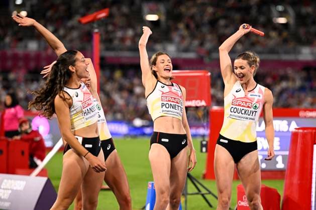 European Athletics Championships Birmingham 2026 - day 7 BIRMINGHAM, ENGLAND - AUGUST 16 : the Belgian Cheetahs - Couckuyt Paulien (BEL), Ponette Helena (BEL), Laus Camille (BEL) and Hanssens Ilana (BEL) in action during the 4x400m final in action during the 4x400m final in action during the 1500m final on day 7 of the Birmingham 2026 European Athletics Championships on August 16, 2026 in Birmingham, England, 16 08 2026 Birmingham ENGLAND  Copyright: xTomasxSiskx