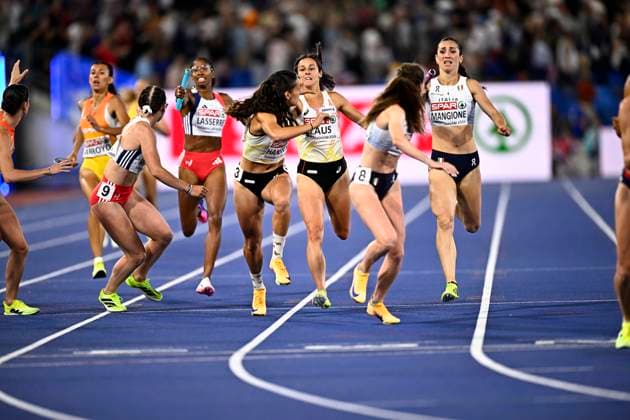 European Athletics Championships Birmingham 2026 - day 7 BIRMINGHAM, ENGLAND - AUGUST 16 : the Belgian Cheetahs - Couckuyt Paulien (BEL), Ponette Helena (BEL), Laus Camille (BEL) and Hanssens Ilana (BEL) in action during the 4x400m final on day 7 of the Birmingham 2026 European Athletics Championships on August 16, 2026 in Birmingham, England, 16 08 2026 Birmingham ENGLAND  Copyright: xTomasxSiskx