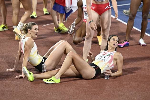 Belgians Paulien Couckuyt and Camille Laus pictured after the final of the Women s 4x400m relay on the seventh and last day of the European Athletics Championships (August 10-18) in Birmingham, United Kingdom, on Sunday 16 August 2026. ERICxLALMAND  x183563498x