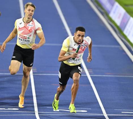 Belgians Julien Watrin and Belgian Daniel Segers pictured in action during the final of the Men s 4x400m relay on the seventh and last day of the European Athletics Championships (August 10-18) in Birmingham, United Kingdom, on Sunday 16 August 2026. ERICxLALMAND  x183564259x