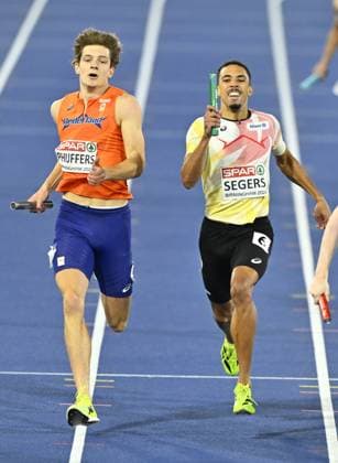 Dutch Jonas Phijffers and Belgian Daniel Segers race to the finish line of the final of the Men s 4x400m relay on the seventh and last day of the European Athletics Championships (August 10-18) in Birmingham, United Kingdom, on Sunday 16 August 2026. ERICxLALMAND  x183564530x