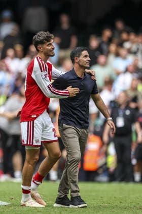 CARDIFF, WALES, AUG 16: Kai Havertz of Arsenal with his manager Mikel Arteta during the FA Community Shield match between Arsenal and Manchester City at the Millennium Stadium in Cardiff, Wales on 16th of August (photo by Qian Jun Sports Press Photo)  Copyright: xQianxJun SportsxPressxPhotox Sportspressphoto_SPR209564