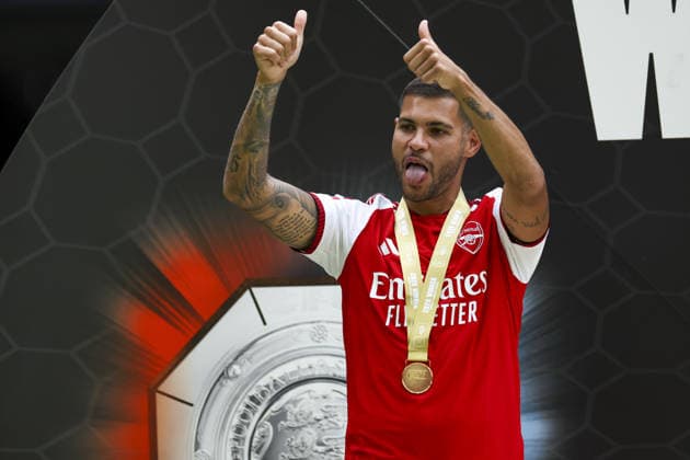 CARDIFF, WALES, AUG 16: Bruno Guimaraes of Arsenal with winners medal after Arsenal win the FA Community Shield match between Arsenal and Manchester City at the Millennium Stadium in Cardiff, Wales on 16th of August (photo by Qian Jun Sports Press Photo)  Copyright: xQianxJun SportsxPressxPhotox Sportspressphoto_SPR209569