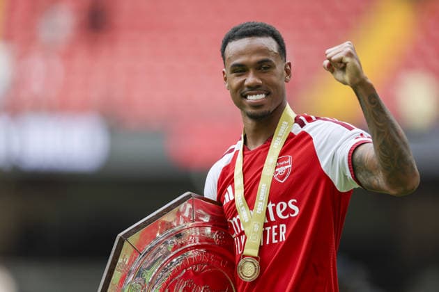 CARDIFF, WALES, AUG 16: Gabriel Magalhães of Arsenal celebrates with trophy after Arsenal win the FA Community Shield match between Arsenal and Manchester City at the Millennium Stadium in Cardiff, Wales on 16th of August (photo by Qian Jun Sports Press Photo)  Copyright: xQianxJun SportsxPressxPhotox Sportspressphoto_SPR209576