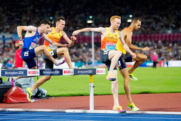 BIRMINGHAM, GREAT BRITAIN - AUGUST 16, 2026 : Frederik RUPPERT (GER Germany), Niklas BUCHHOLZ (GER Germany), Kristian IMROTH (GBR Great Britain) and Daniel ARCE (ESP Spain) competing in the 3000m steeplechase final during the European Athletics Championships at Alexander Stadium on August 16, 2026 in Birmingham, Great Britain. Great Britain Copyright: xLeahxKohringx