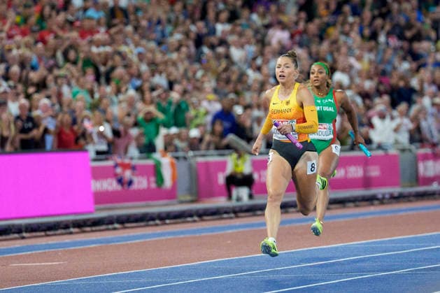 BIRMINGHAM, GREAT BRITAIN - AUGUST 16, 2026 : Gina LÜCKENKEMPER (GER Germany) competing in the 4x100m mixed relay during the European Athletics Championships at Alexander Stadium on August 16, 2026 in Birmingham, Great Britain. Great Britain Copyright: xLeahxKohringx