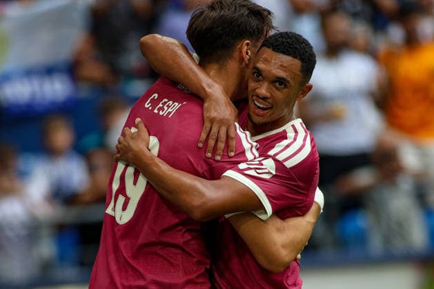 16.08.2026, GER, Fussball, Herren, Testspiel, Saison 2026 2027, FC Schalke 04 - Real Madrid CF Carlos Espi (RMA) Torjubel, jubelt nach seinem Treffer zum 0:3 mit Trent Alexander-Arnold (RMA) *** August 16, 2026, GER, Soccer, Men s, Friendly, 2026–2027 Season, FC Schalke 04 vs. Real Madrid CF, Carlos Espi (RMA) celebrates his goal to make it 0–3 with Trent Alexander-Arnold (RMA) Copyright: xSvenxHanischx