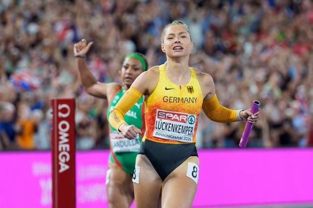BIRMINGHAM, GREAT BRITAIN - AUGUST 16, 2026 : Silver for the 4x100m mixed relay: Gina LÜCKENKEMPER (GER Germany) during the European Athletics Championships at Alexander Stadium on August 16, 2026 in Birmingham, Great Britain. Great Britain Copyright: xLeahxKohringx