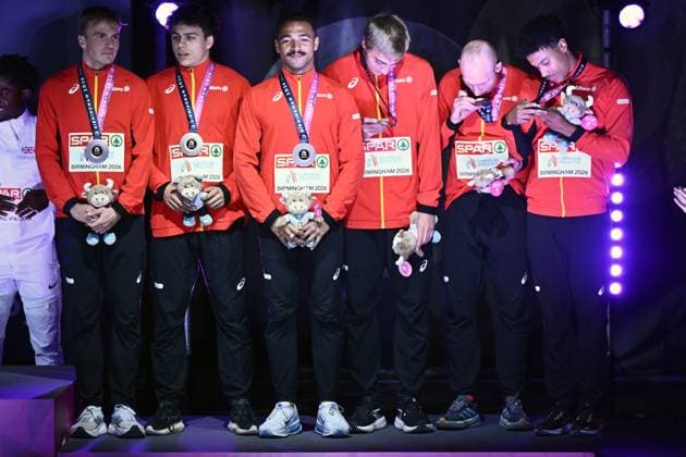 The Belgian Falcons, winners of the bronze medal, pictured at the podium ceremony of the men s 4x100m relay race, on the seventh and last day of the European Athletics Championships (August 10-18) in Birmingham, United Kingdom, on Sunday 16 August 2026. ERICxLALMAND  x183568340x