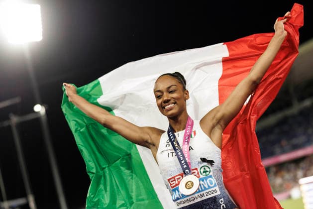 BIRMINGHAM, GREAT BRITAIN - AUGUST 16, 2026: Larissa Iapichino (ITA Italy) celebrates her Gold in the long jump during the European Athletics Championships at Alexander Stadium on August 16, 2026 in Birmingham, Great Britain. Great Britain Copyright: xAxelxKohringx