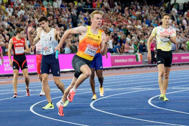 BIRMINGHAM, GREAT BRITAIN - AUGUST 16, 2026 : Thorben FINKE (GER Germany) competing in the 4x400m relay during the European Athletics Championships at Alexander Stadium on August 16, 2026 in Birmingham, Great Britain. Great Britain Copyright: xLeahxKohringx