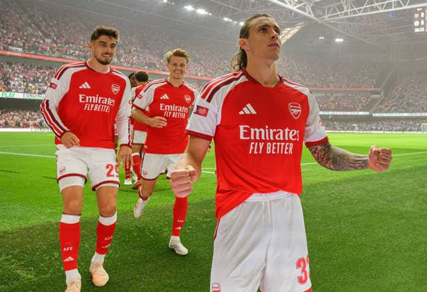 15 August 2026 - Arsenal v Manchester City - FA Community Shield - Principality Stadium - Cardiff. Arsenal v Manchester City - FA Community Shield - Principality Stadium - Cardiff. Riccardo Calafiori celebrates scoring Arsenal s early goal. Picture : Mark Pain CARDIFF Wales  Copyright: xMarkxPainx