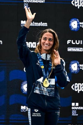 Simona Quadarella of Italy celebrates after winning the gold medal in the swimming 400m Freestyle Women Final during the European Aquatics Championships at the Olympic Aquatic Center in Paris (France), August 16, 2026. Andrea Masini Deepbluemedia Insidefoto