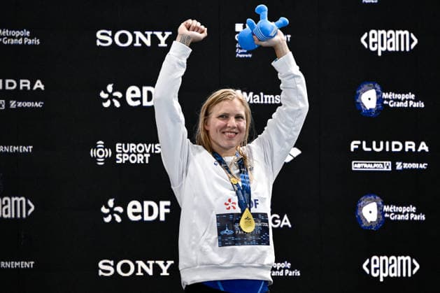 Ruta Meilutyte of Lithuania celebrates after winning the gold medal in the swimming 50m Breaststroke Women Final during the European Aquatics Championships at the Olympic Aquatic Center in Paris (France), August 16, 2026. Andrea Staccioli